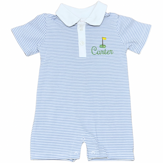 Blue and white stripe baby boy romper on white background