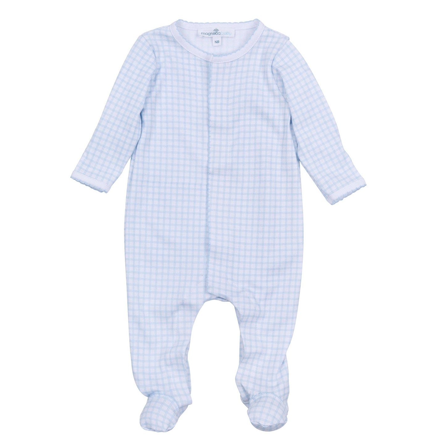 Blue checkered baby onesie on a white background