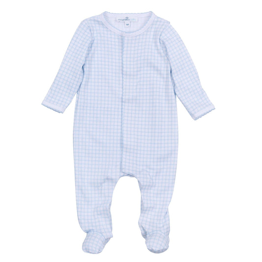 Blue checkered baby onesie on a white background
