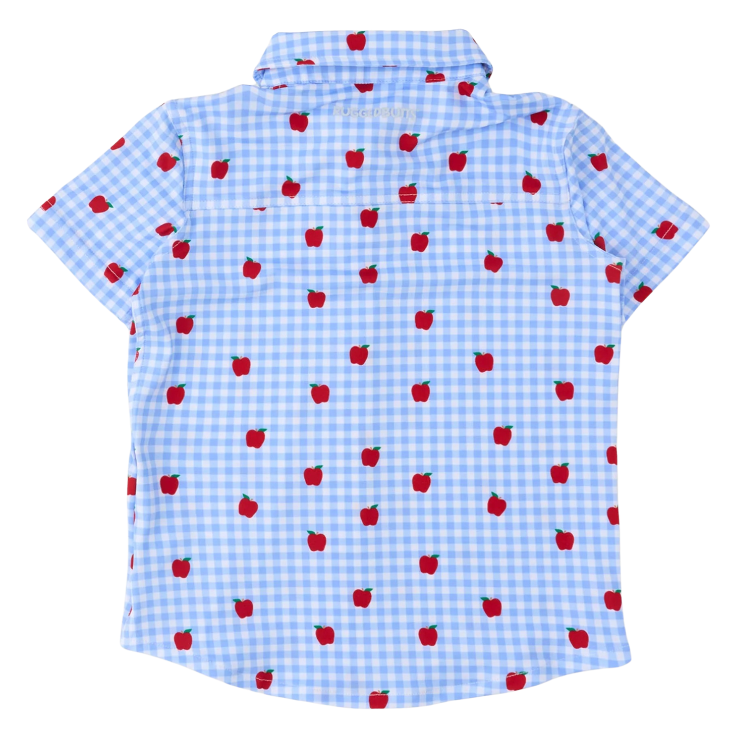 A short-sleeve collared shirt with a light blue and white gingham check pattern and a scattered red apple print, shown flat against a white background.