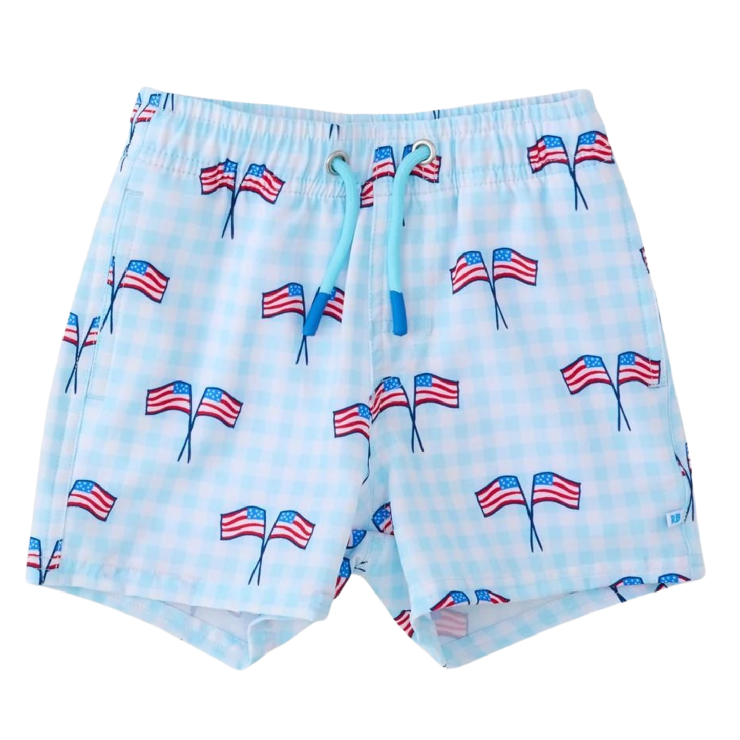 Light blue swim shorts with American flag pattern on a white background