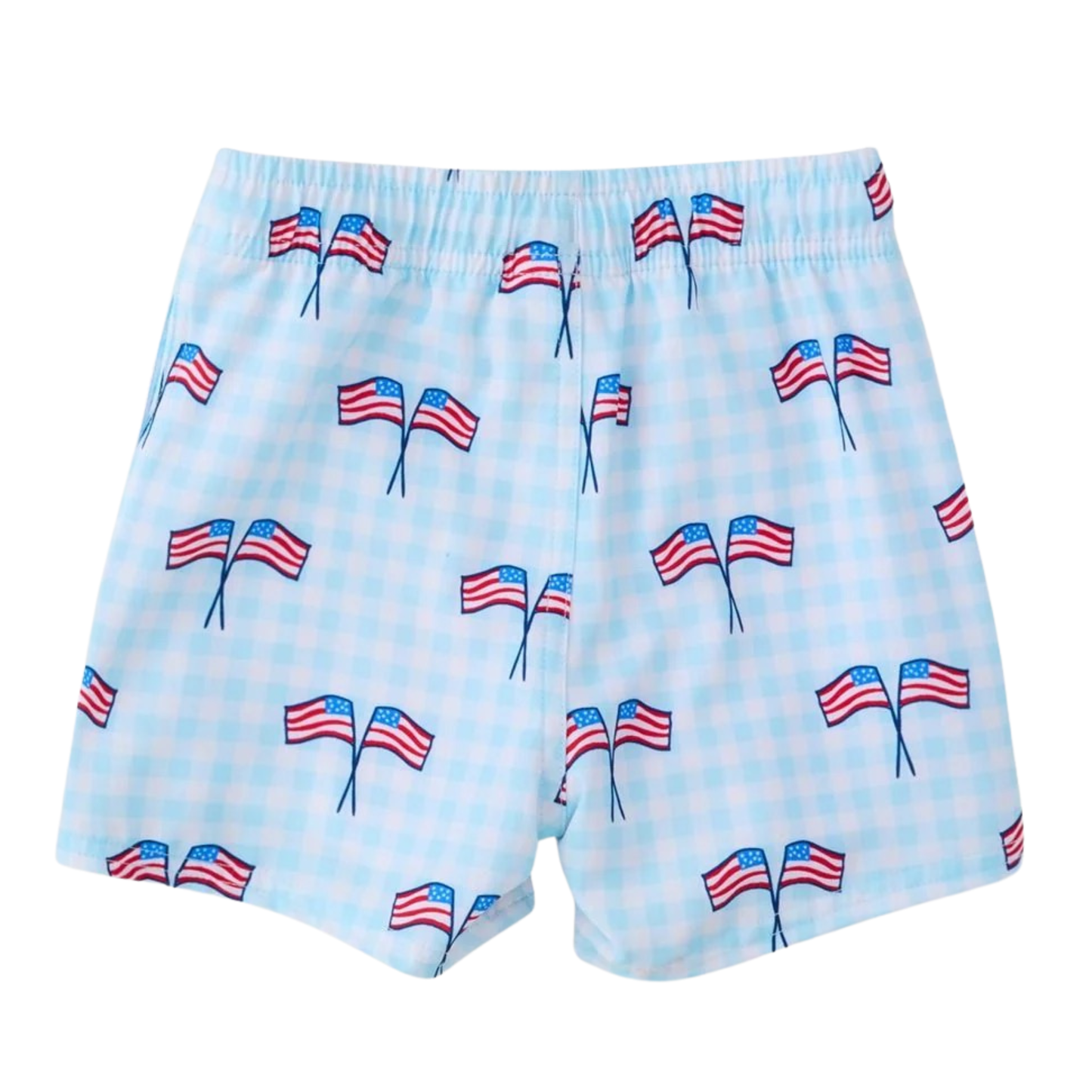Boys Swimsuit with American flag pattern on a light blue checkered background