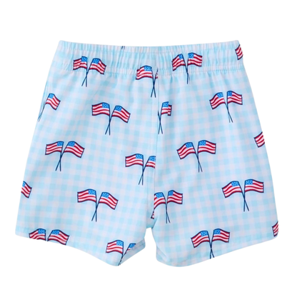 Boys Swimsuit with American flag pattern on a light blue checkered background