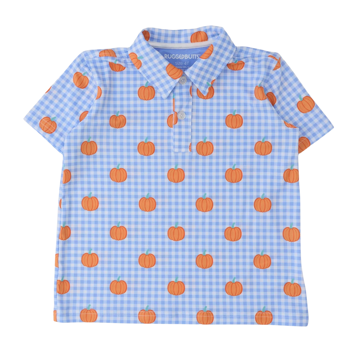 A short-sleeve polo shirt for kids featuring a light blue and white gingham check pattern with an all-over orange pumpkin print, displayed flat against a white background.
