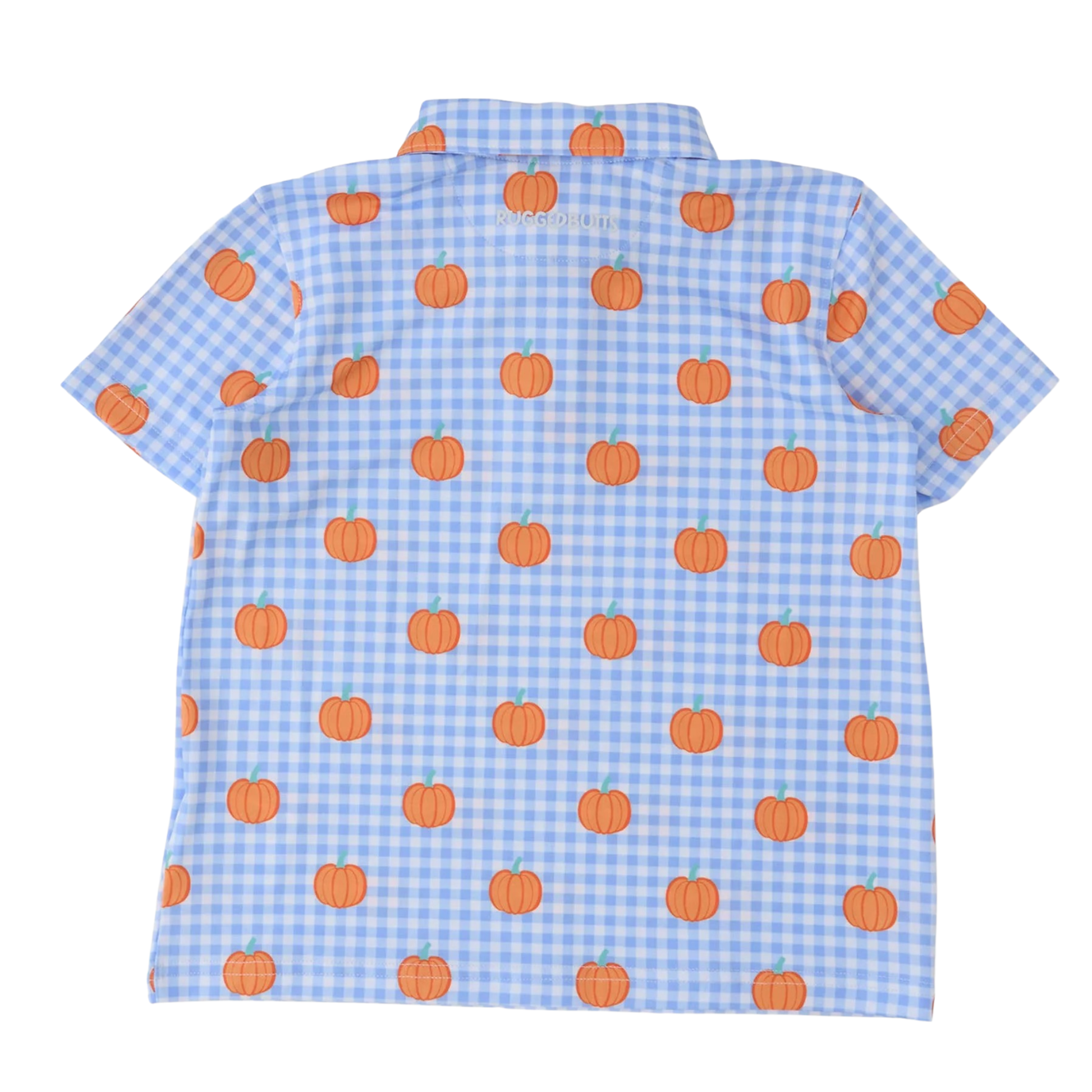 A short-sleeve collared shirt with a light blue and white gingham pattern and an all-over orange pumpkin print, shown flat against a white background.
