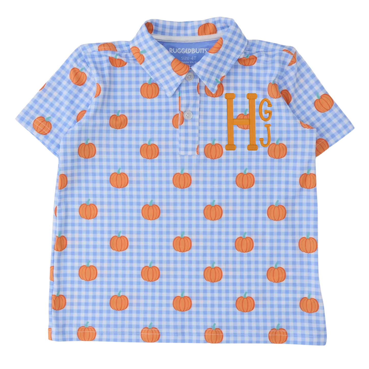 A baby boy's short-sleeve polo shirt featuring a light blue and white gingham pattern, decorated with an all-over orange pumpkin print and a large orange monogram 'HCJ' on the left chest.