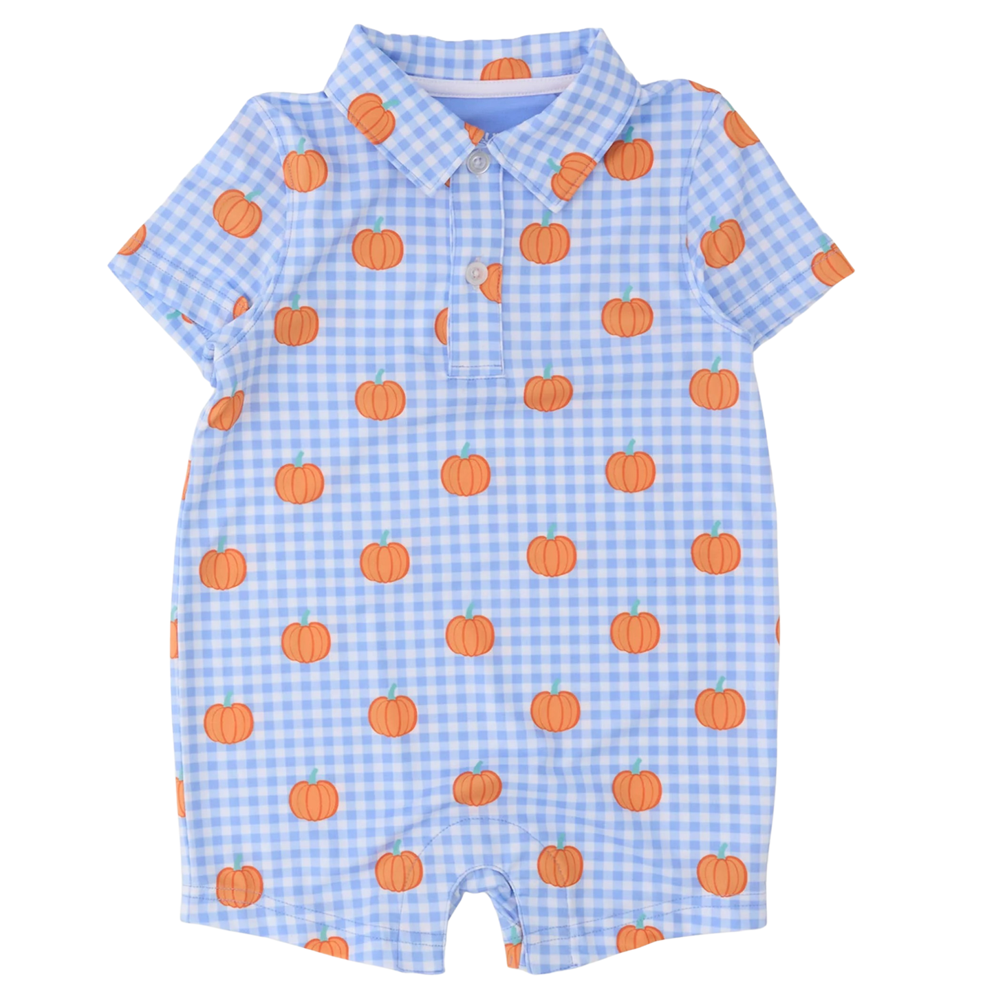 A baby short-sleeve romper in a light blue and white gingham pattern with an all-over orange pumpkin print, featuring a polo collar and snap-button placket.