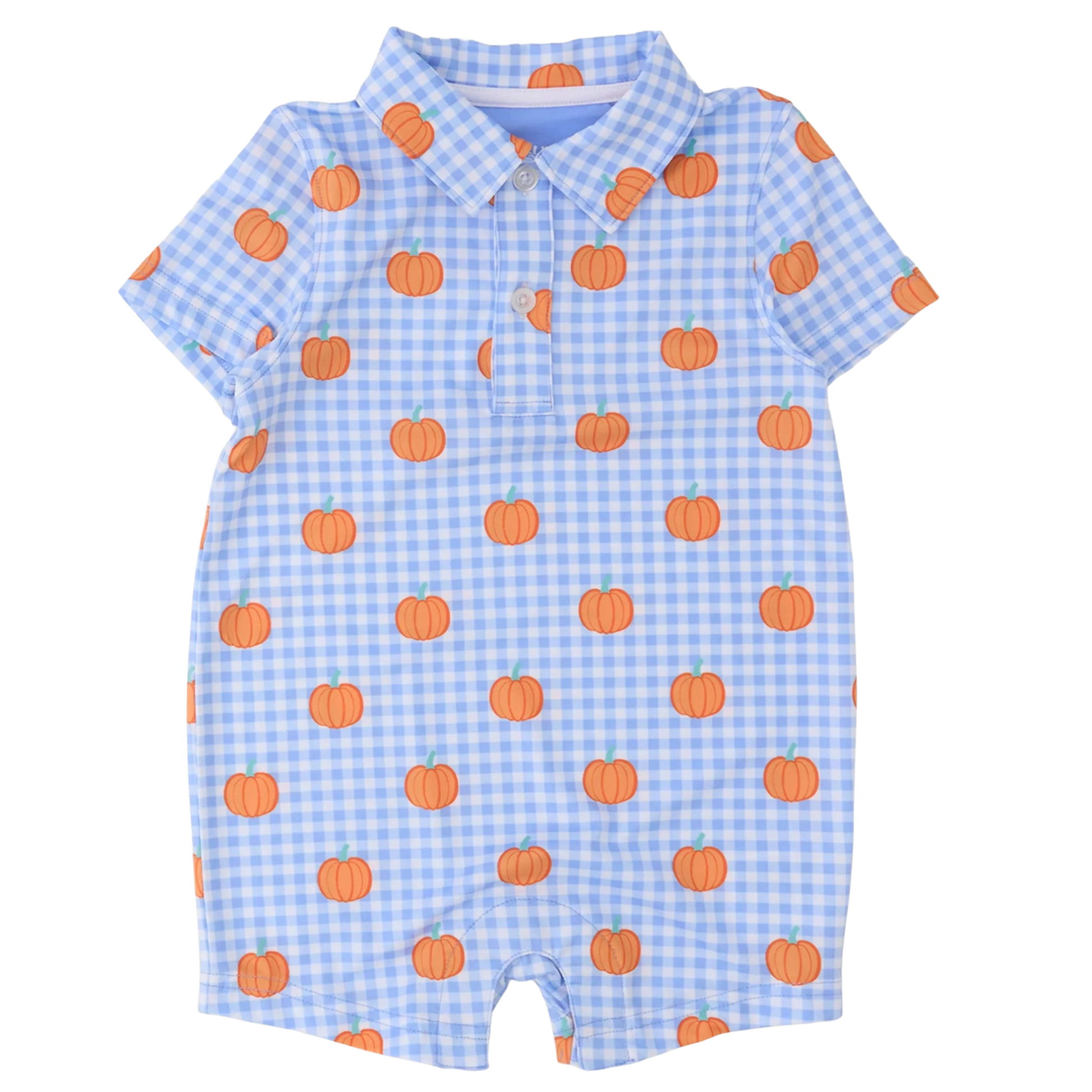 A baby short-sleeve romper in a light blue and white gingham pattern with an all-over orange pumpkin print, featuring a polo collar and snap-button placket.