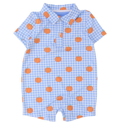 A baby short-sleeve romper in a light blue and white gingham pattern with an all-over orange pumpkin print, featuring a polo collar and snap-button placket.