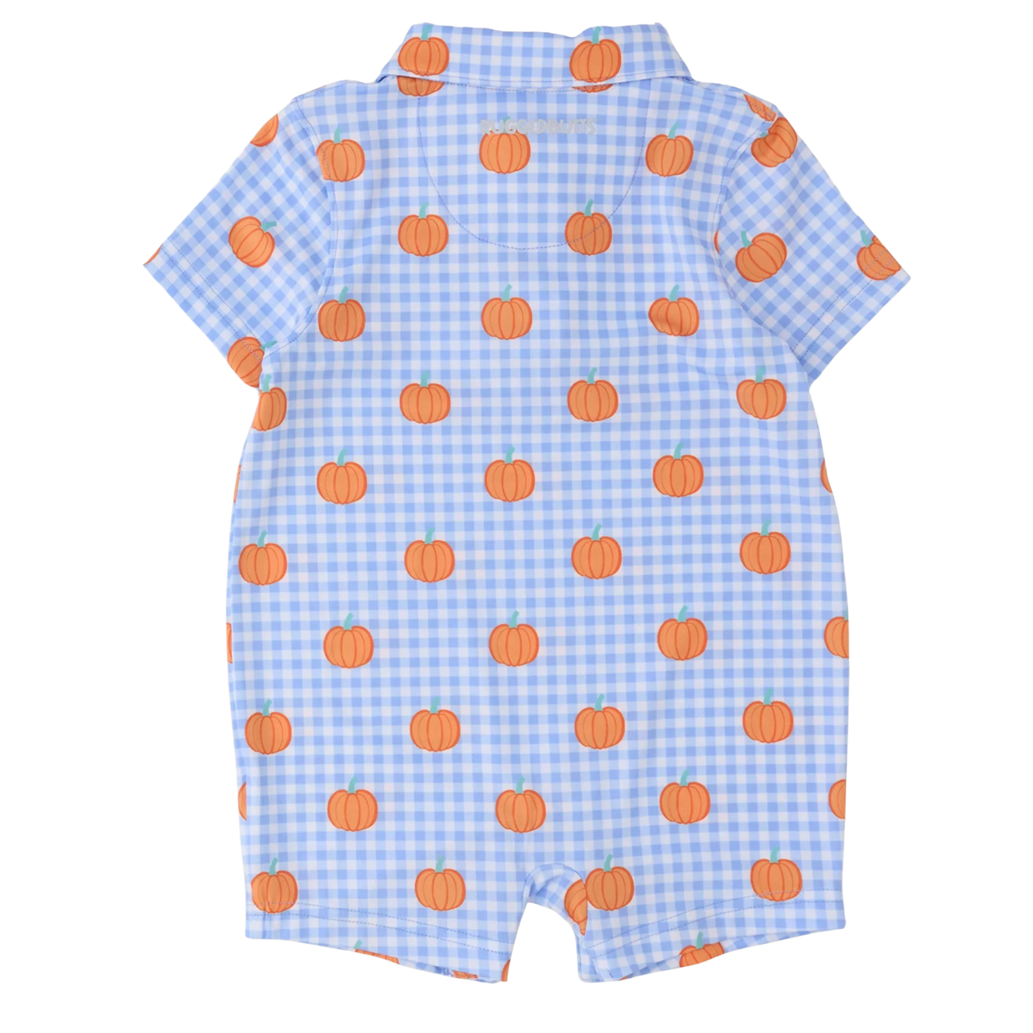 A baby short-sleeve romper with a light blue and white gingham check pattern and an all-over orange pumpkin print, shown flat against a white background.