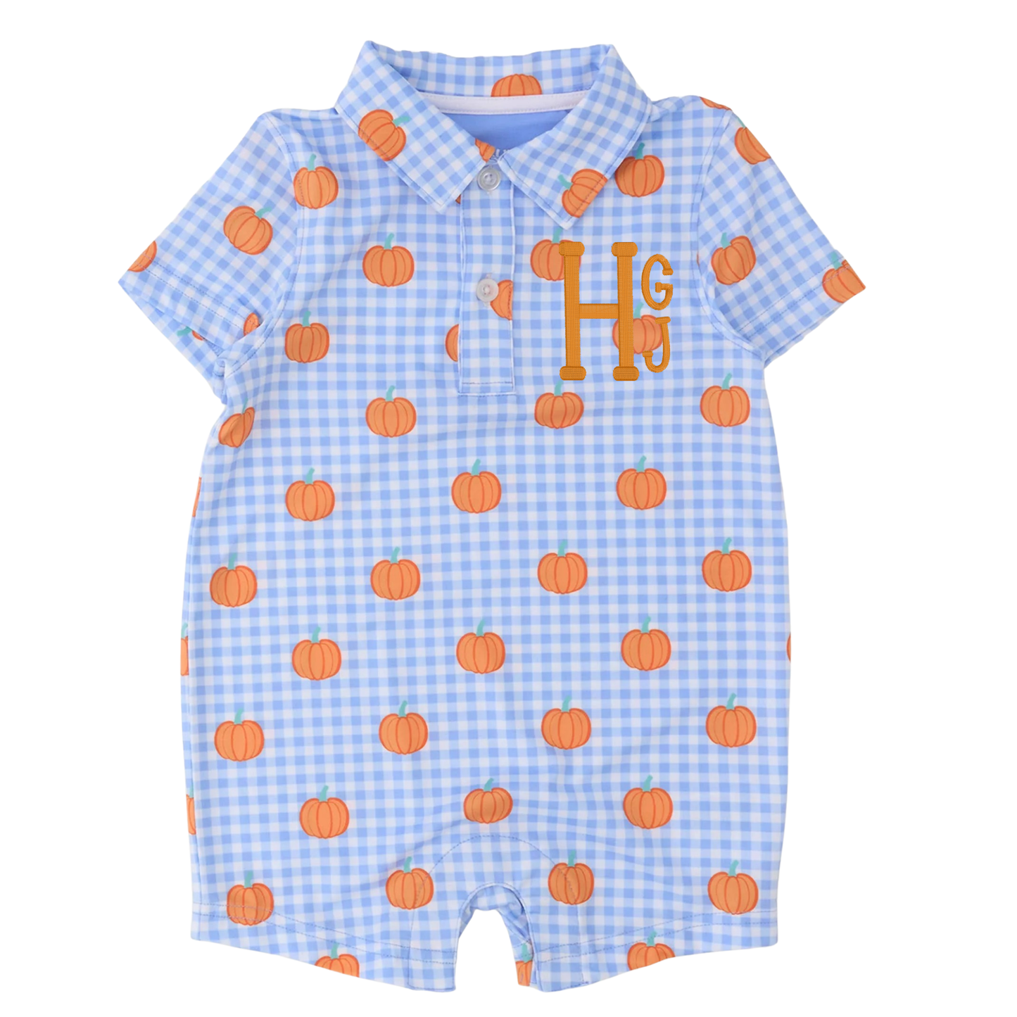 A baby short-sleeve romper in a light blue and white gingham pattern, decorated with an all-over orange pumpkin print and a large orange monogram 'HG' on the chest.