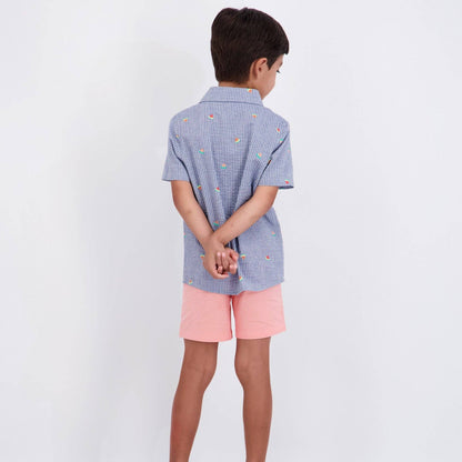 Child wearing a blue checkered shirt and pink shorts on a white background