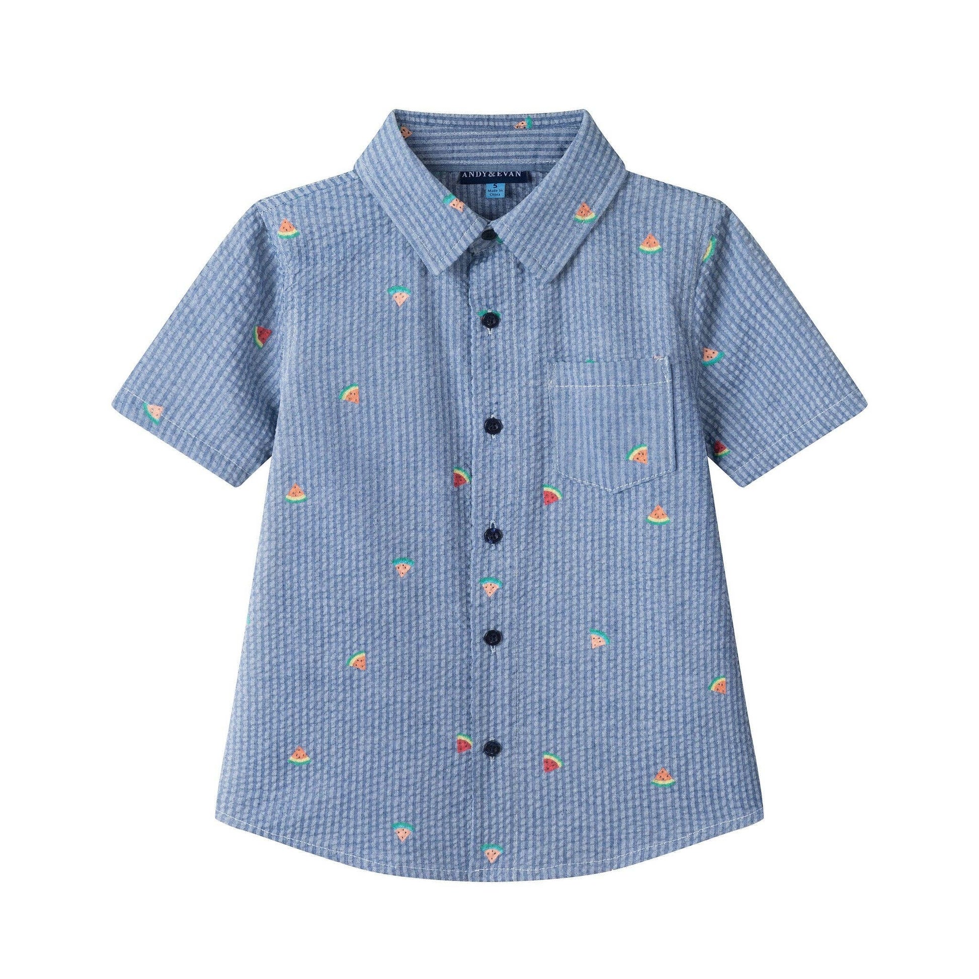 Blue checkered shirt with colorful patterns on a white background