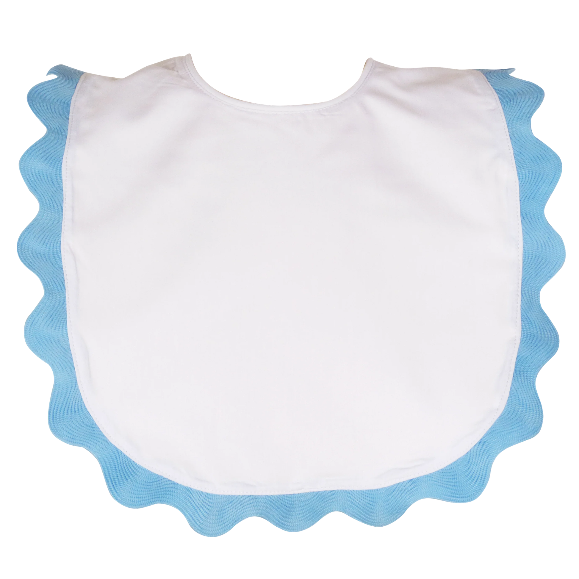 White bib with blue scalloped edge on a white background