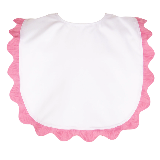White bib with pink scalloped edge on a white background