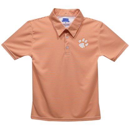 A short-sleeve polo shirt in a peach and white horizontal stripe pattern, featuring a white paw print logo on the left chest. The shirt is displayed flat against a solid white background.