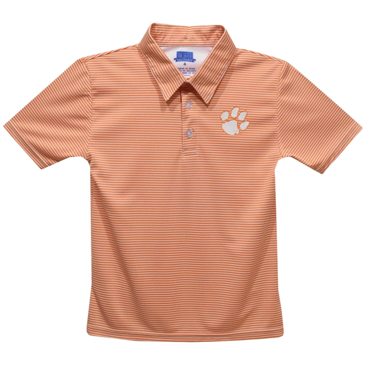 A short-sleeve polo shirt in a peach and white horizontal stripe pattern, featuring a white paw print logo on the left chest. The shirt is displayed flat against a solid white background.