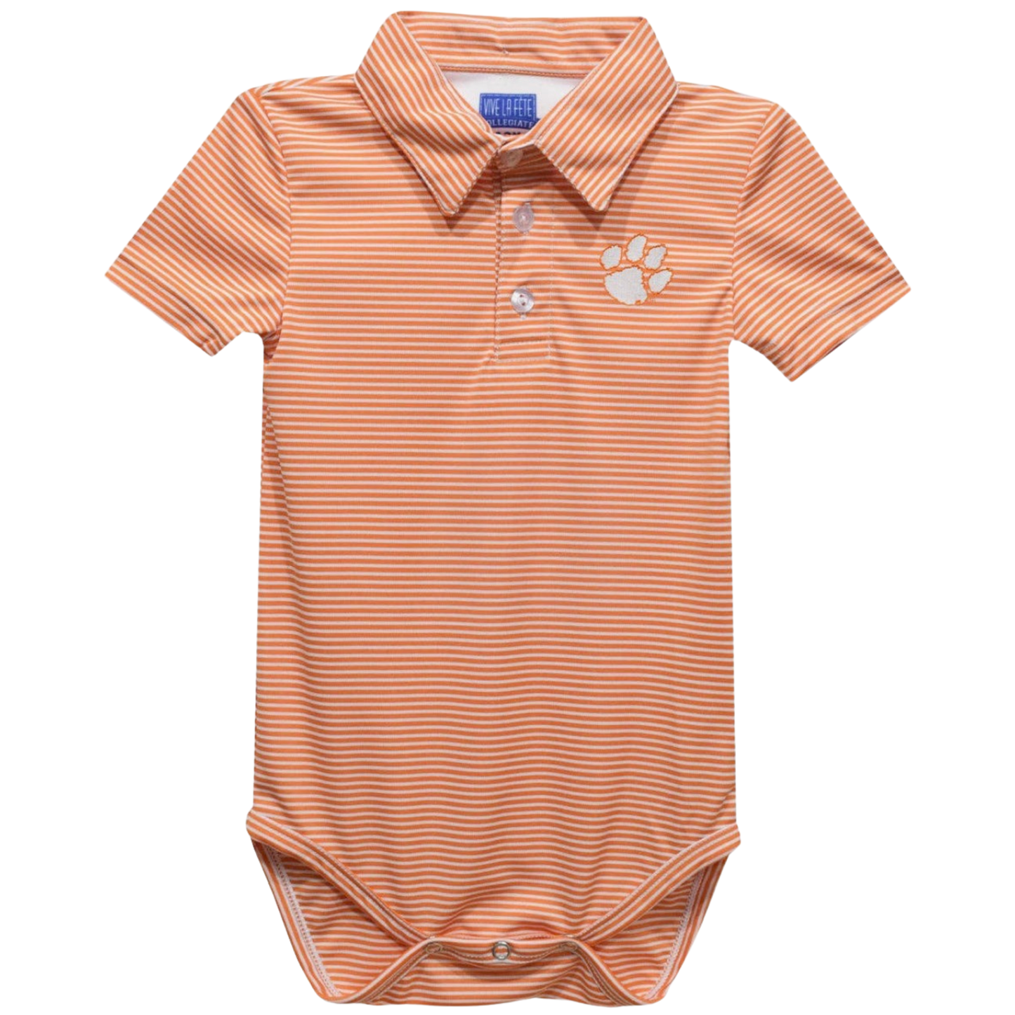 A baby short-sleeve polo bodysuit in orange and white horizontal stripes, featuring a white paw print logo on the left chest and a three-button placket.