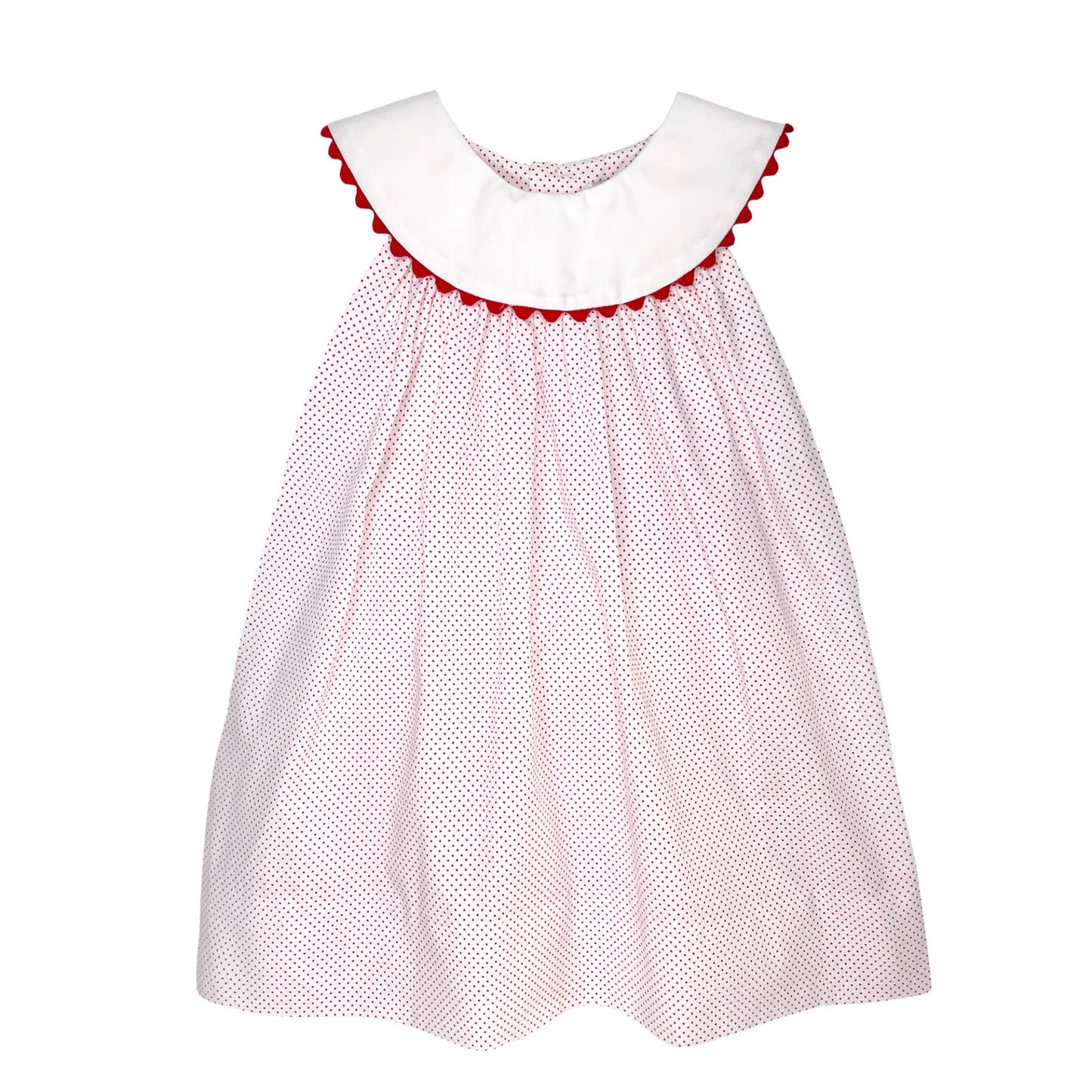 Red and white polka dot dress with a white collar on a white background