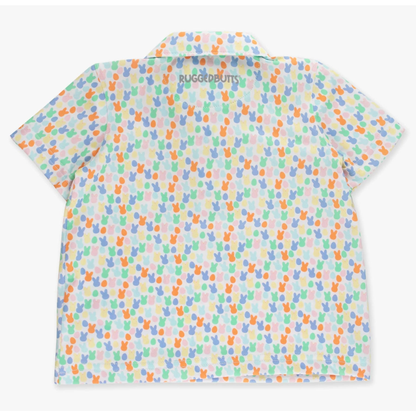 Short-sleeve shirt with colorful pattern on a white background