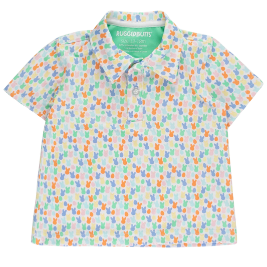 Children's polo shirt with colorful bunny pattern on a white background