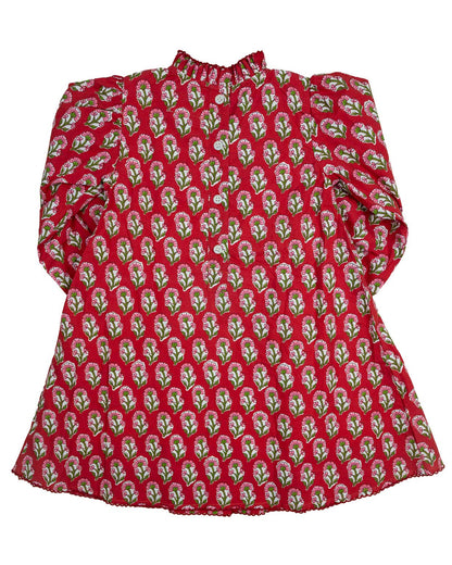 Red blouse with floral pattern on a white background