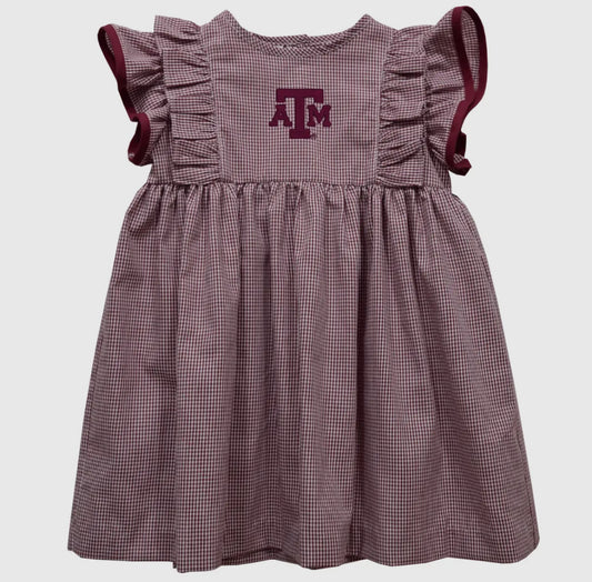 Texas A&M Embroidered Gingham Girl's Ruffle Dress