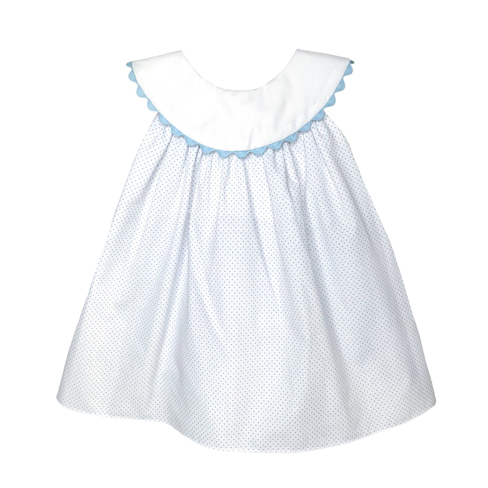 White dress with blue trim on a white background