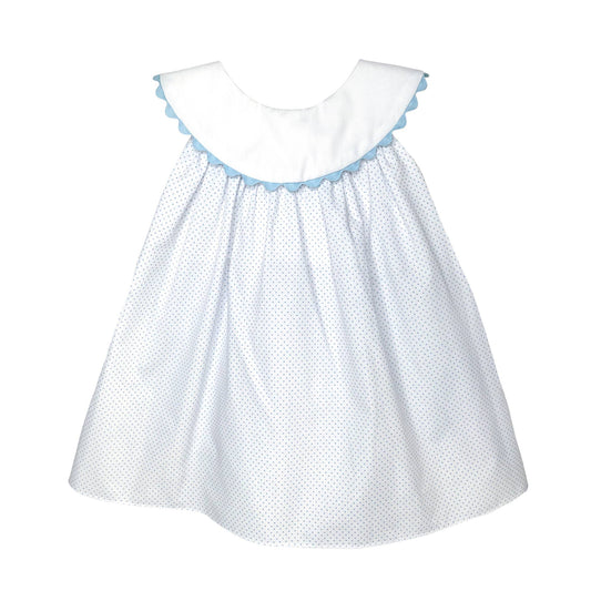 White dress with blue trim on a white background