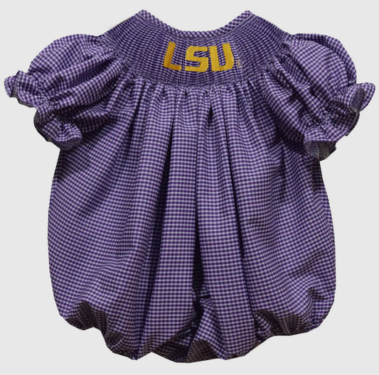 LSU Tigers Smocked Short Sleeve Gingham Girls Bubble