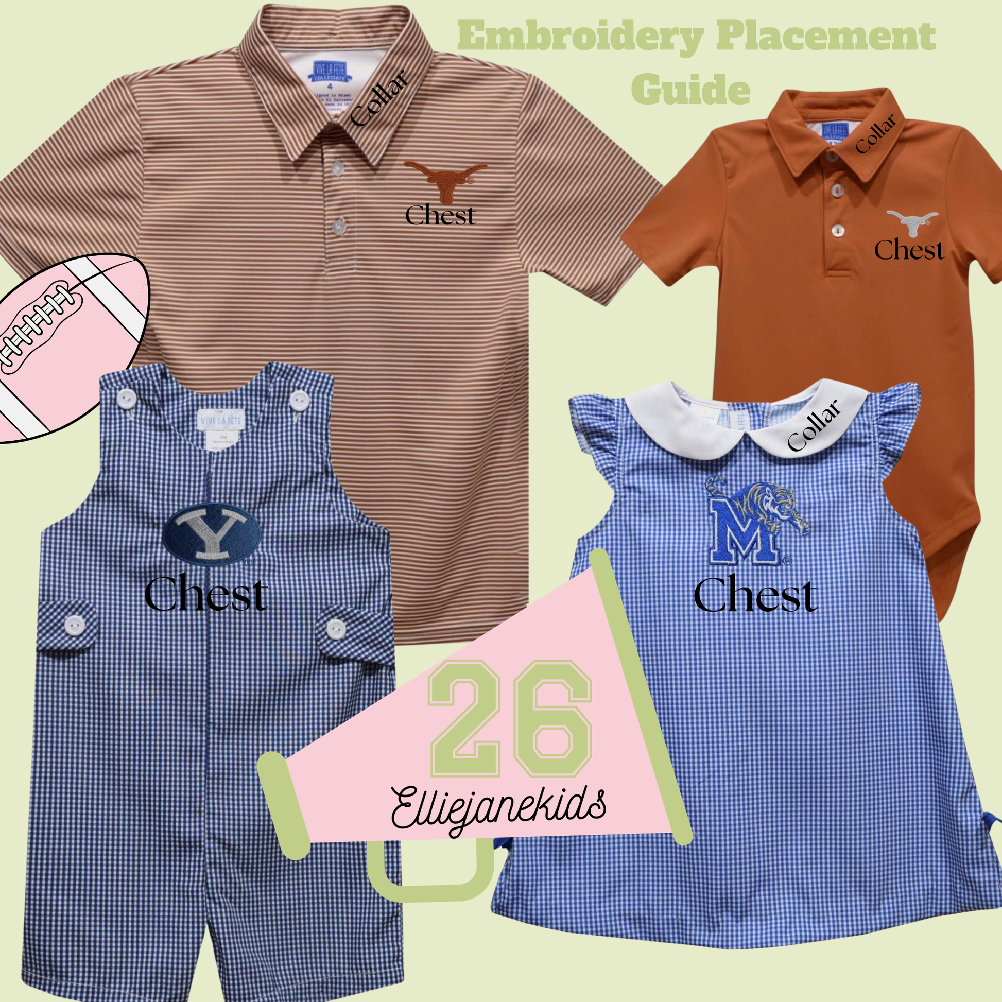 A collage showing four children's embroidered apparel items on a pale green background with the text 'Embroidery Placement Guide' and '26 Elligianekids.' The items include a tan striped short-sleeve polo shirt, an orange short-sleeve polo shirt, a blue gingham overalls set, and a blue gingham dress.