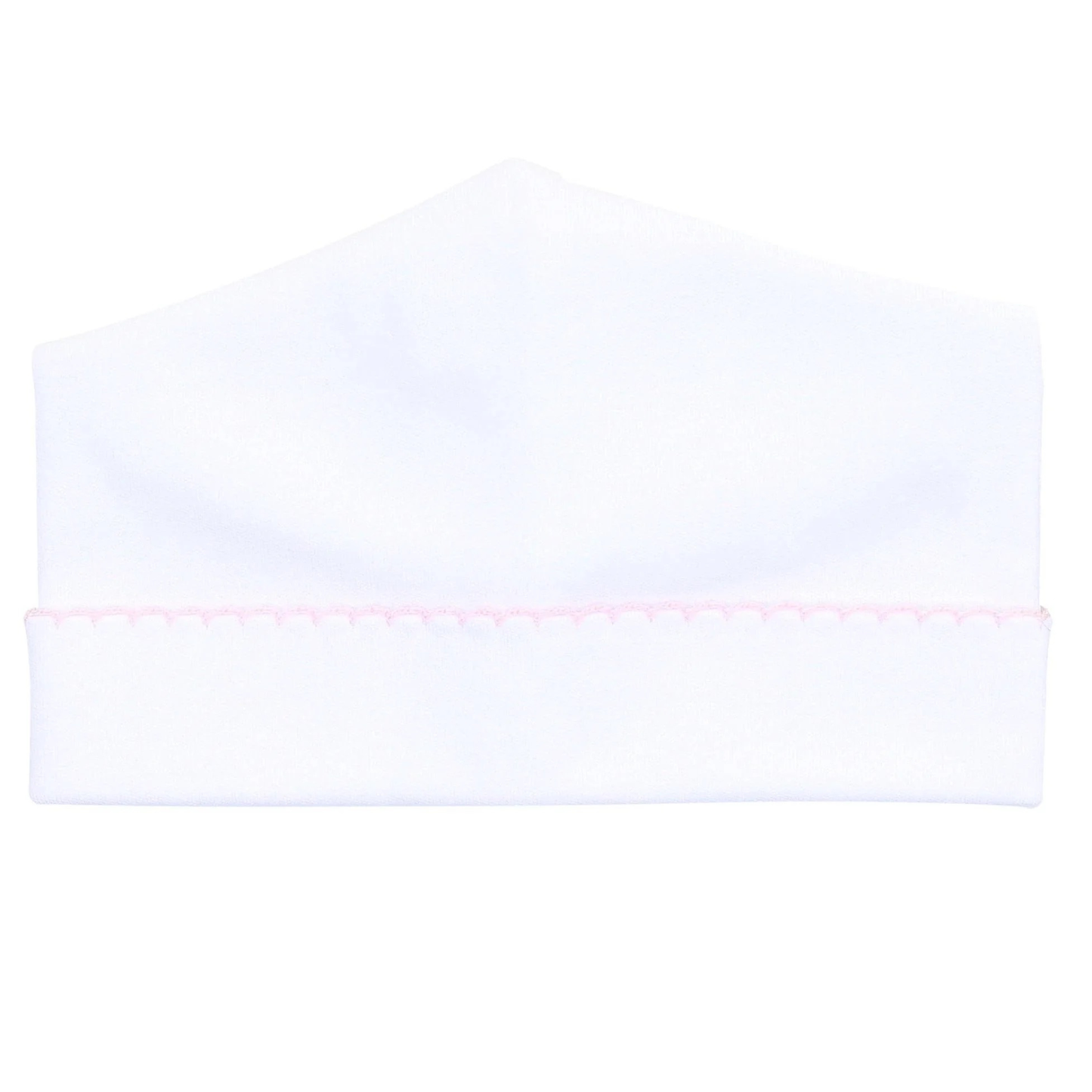 White pima cotton Baby hat pink picot trim on a white background