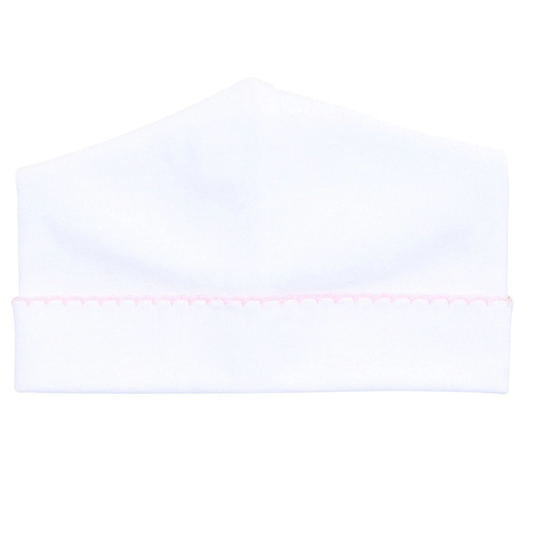 White pima cotton Baby hat pink picot trim on a white background
