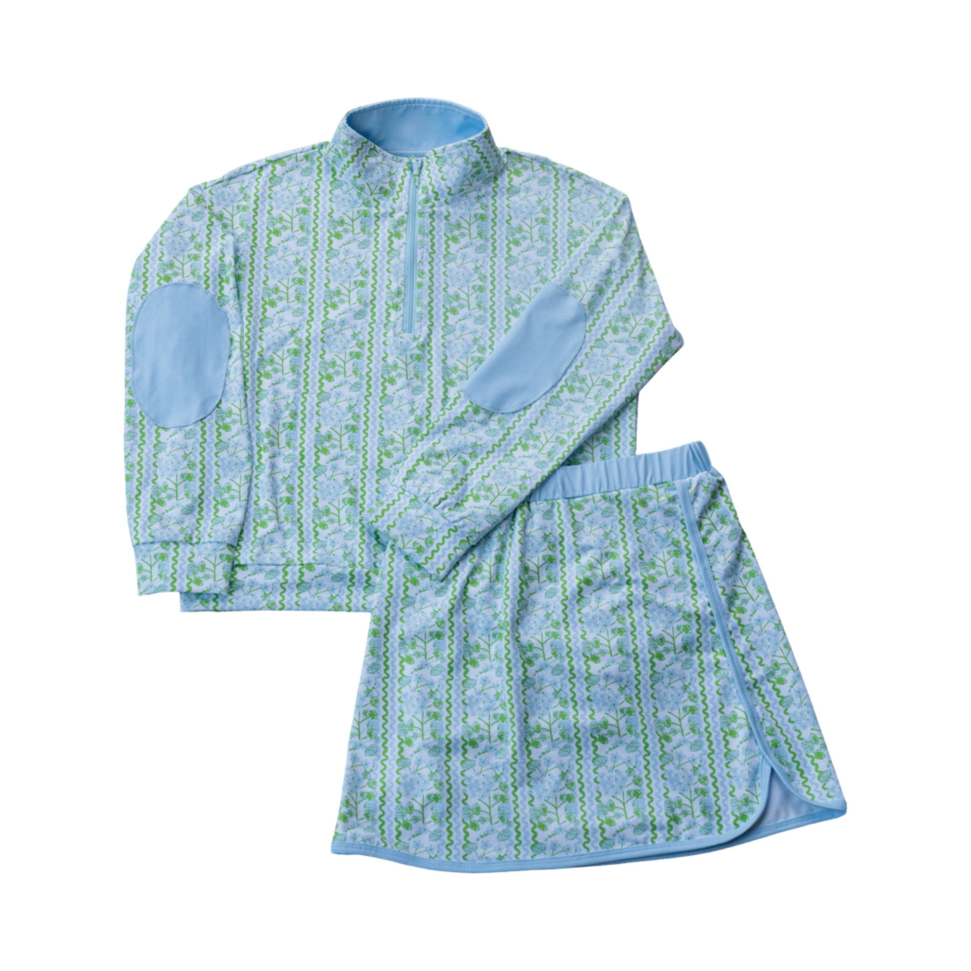 Children's blue and green patterned shirt and skirt set on a white background