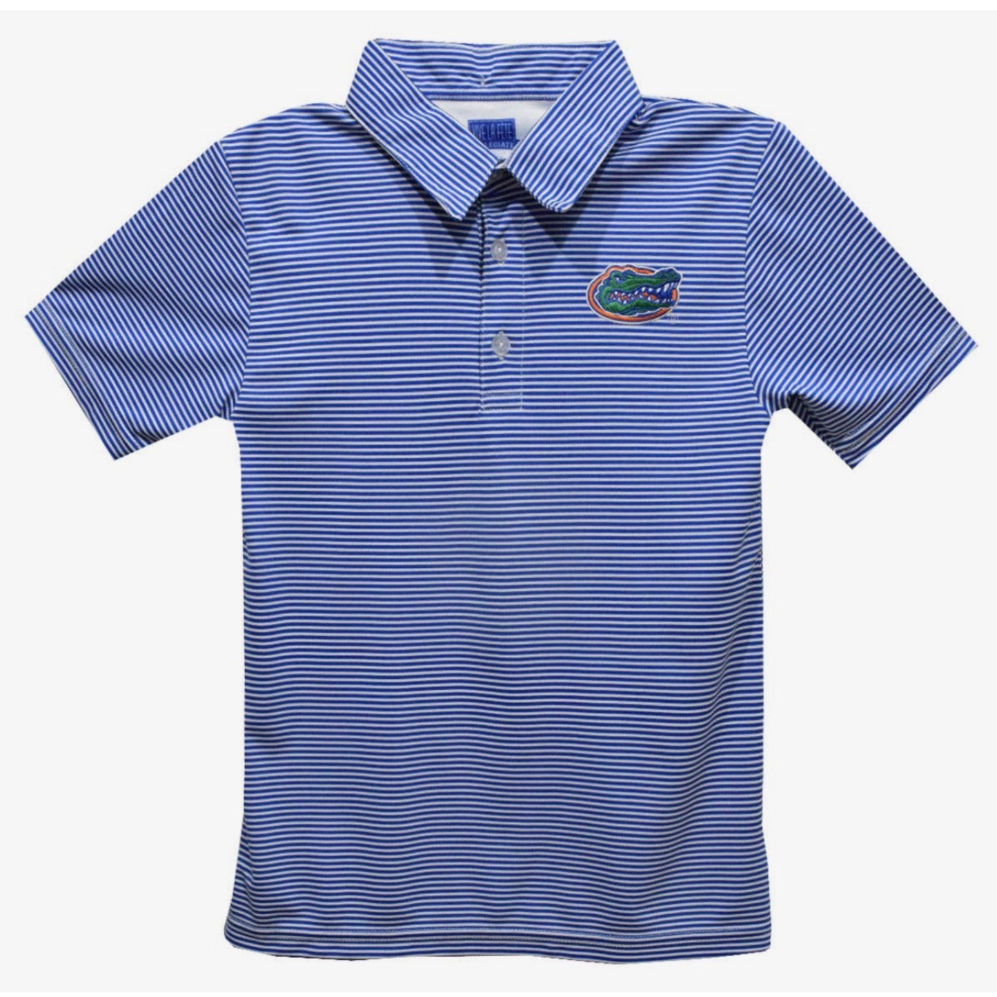 A blue and white horizontally striped short-sleeve polo shirt with a small Florida Gators logo on the left chest, displayed on a clean white background.