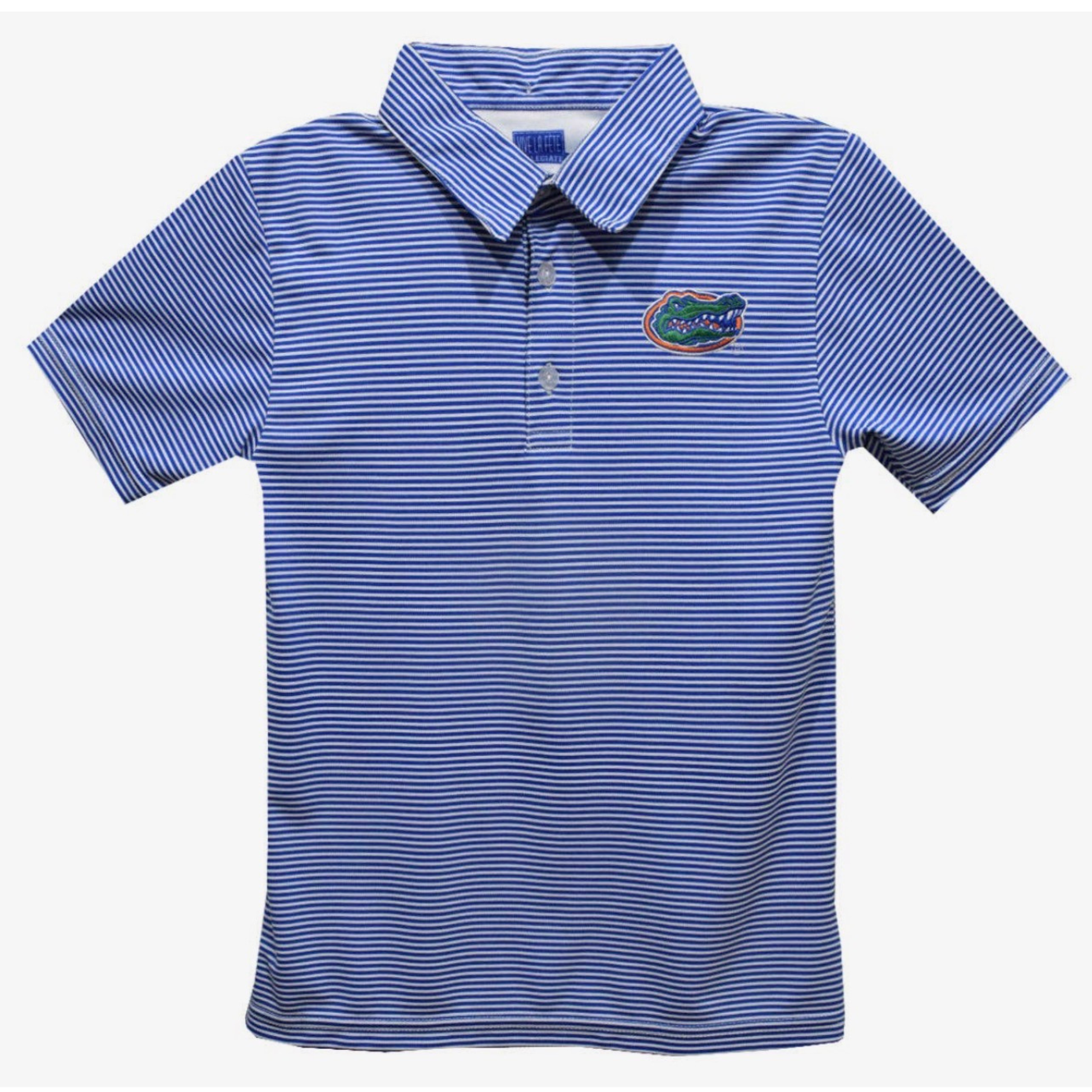 A blue and white horizontally striped short-sleeve polo shirt with a small Florida Gators logo on the left chest, displayed on a clean white background.
