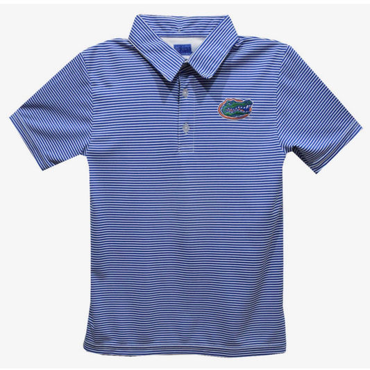 A blue and white horizontally striped short-sleeve polo shirt with a small Florida Gators logo on the left chest, displayed on a clean white background.
