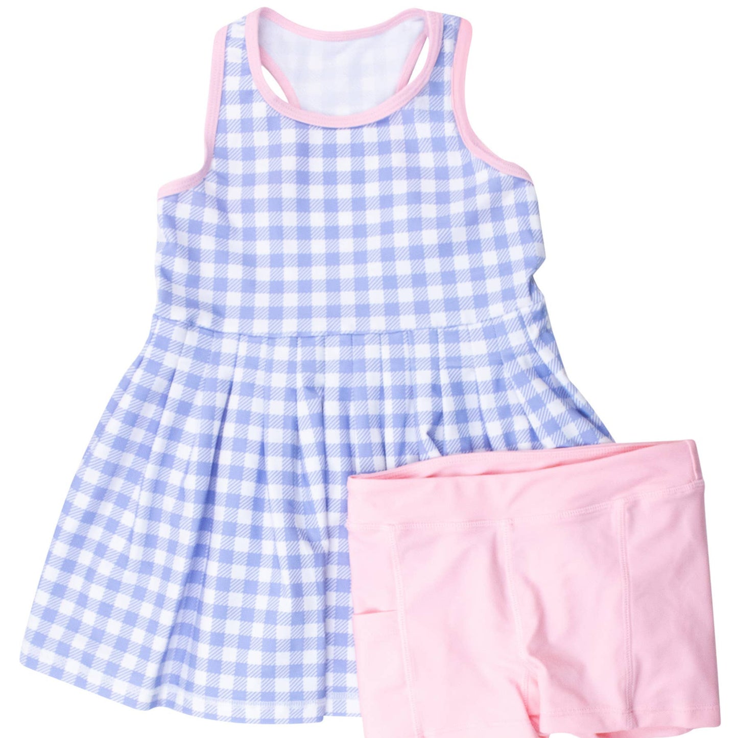 Children's blue and pink checkered dress with matching shorts on a white background