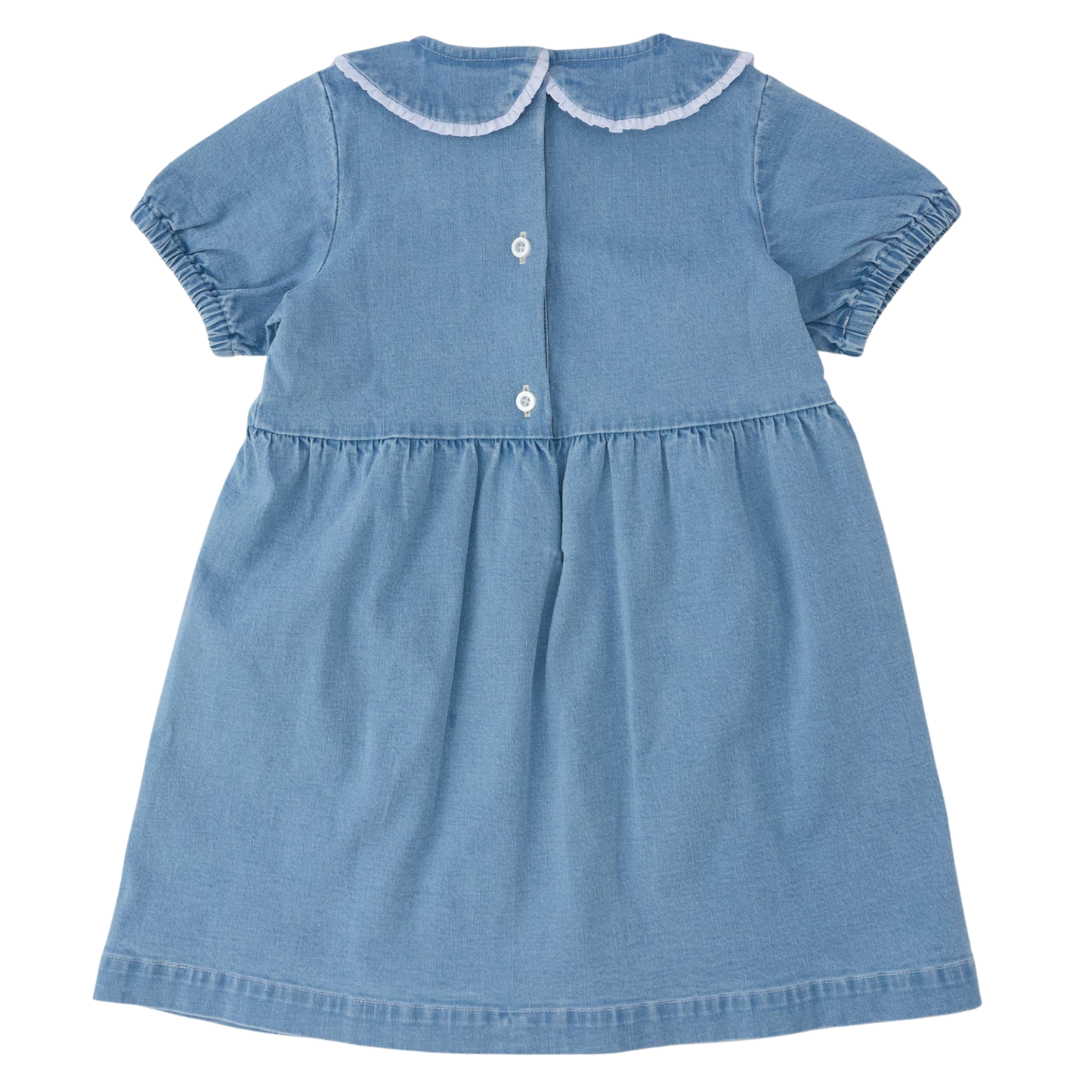 A light blue denim baby dress with short sleeves, a Peter Pan collar trimmed in white, and three white buttons on the front, shown against a plain white background.