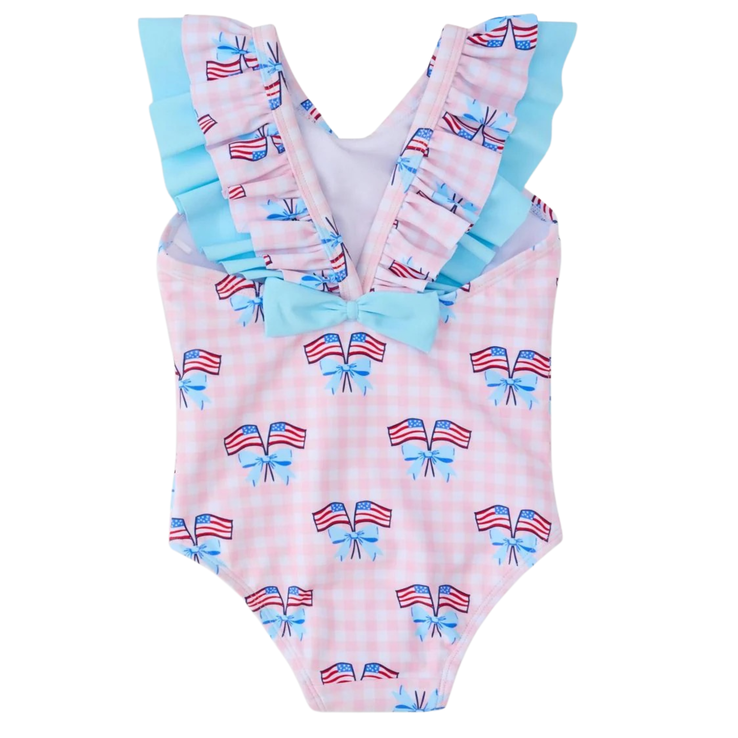 One-piece swimsuit with American flag and bow pattern on a white background