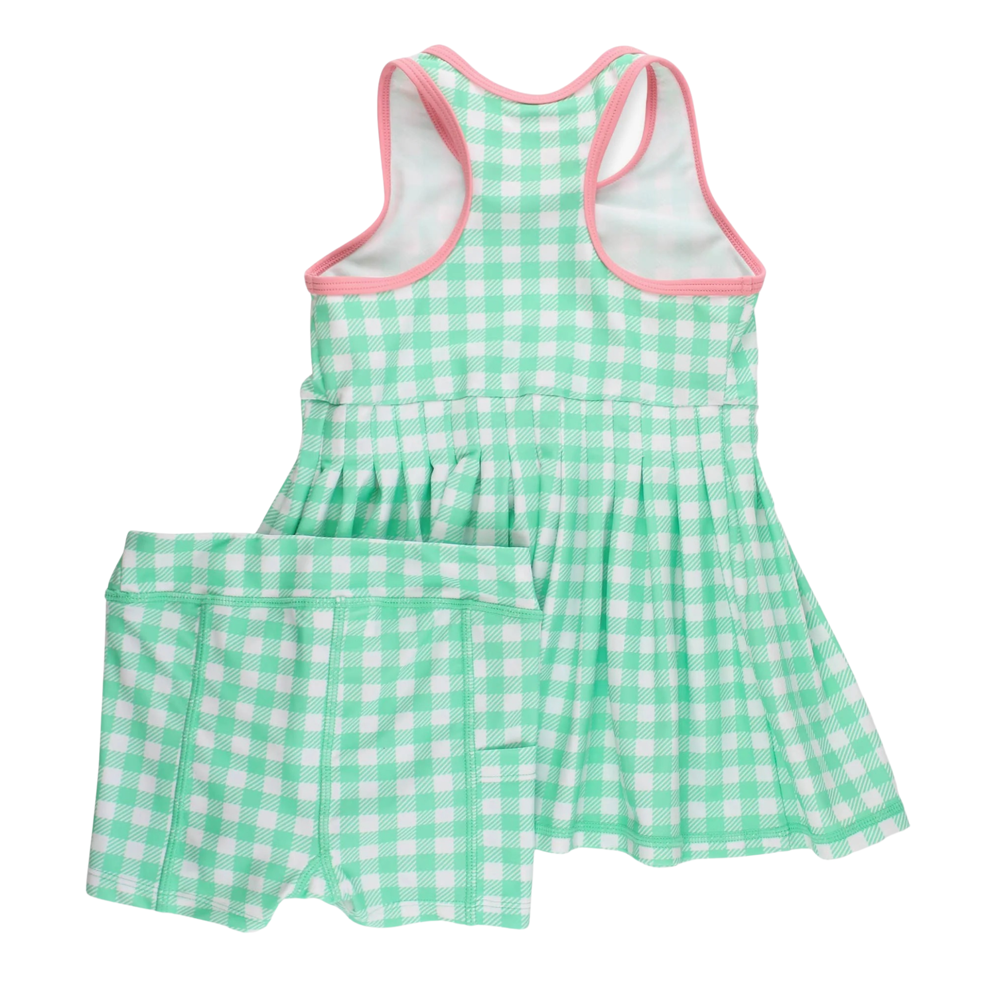 Green and white checkered dress with pink trim on a white background