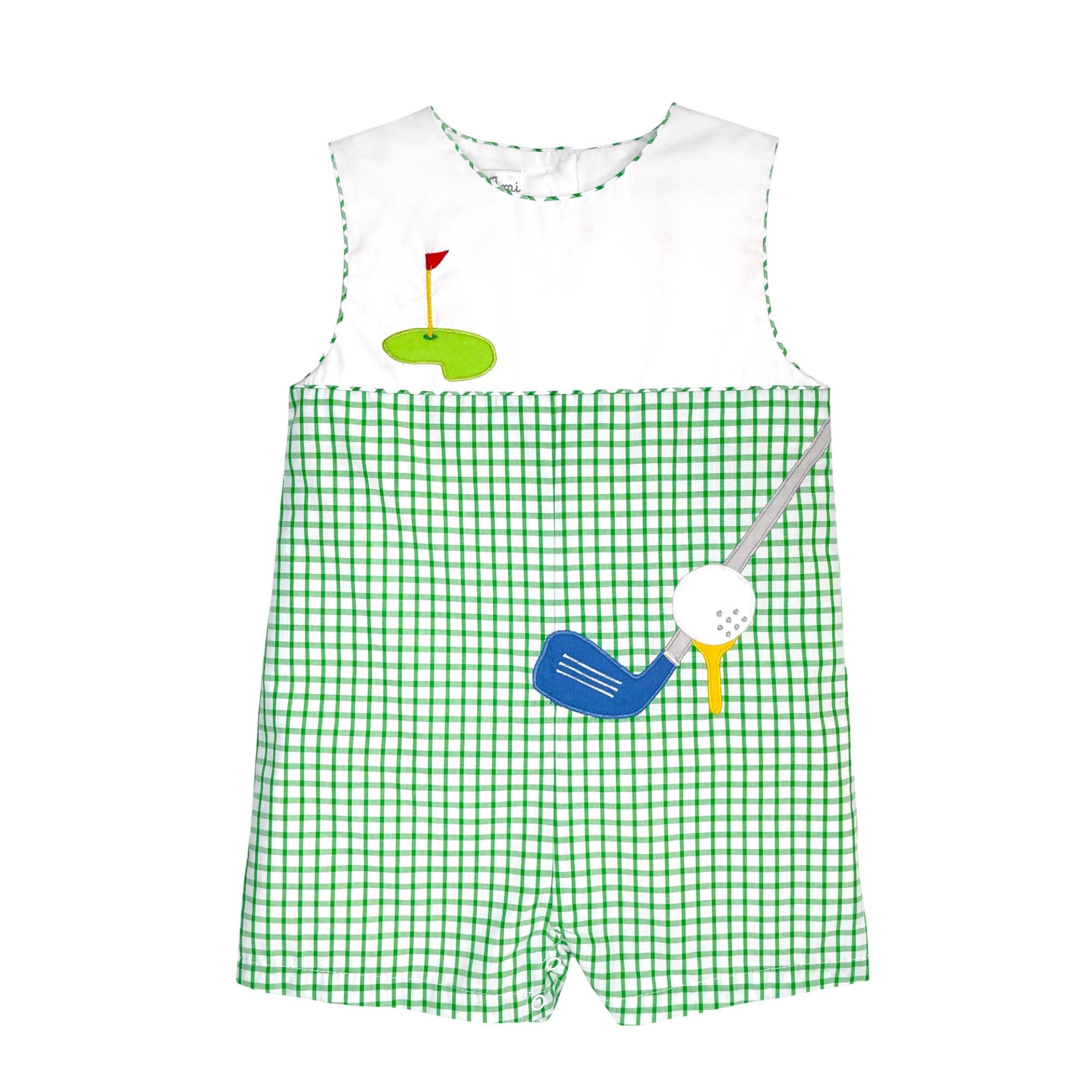 Green checkered romper with golf-themed design on a white background