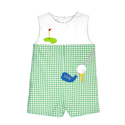 Green checkered romper with golf-themed design on a white background