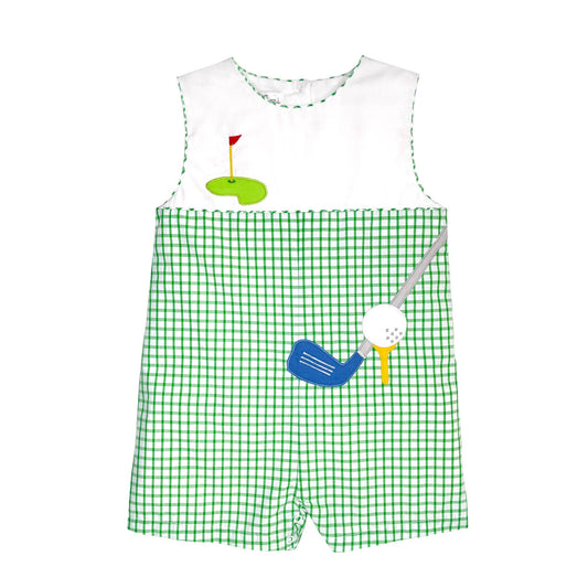 Green checkered romper with golf-themed design on a white background