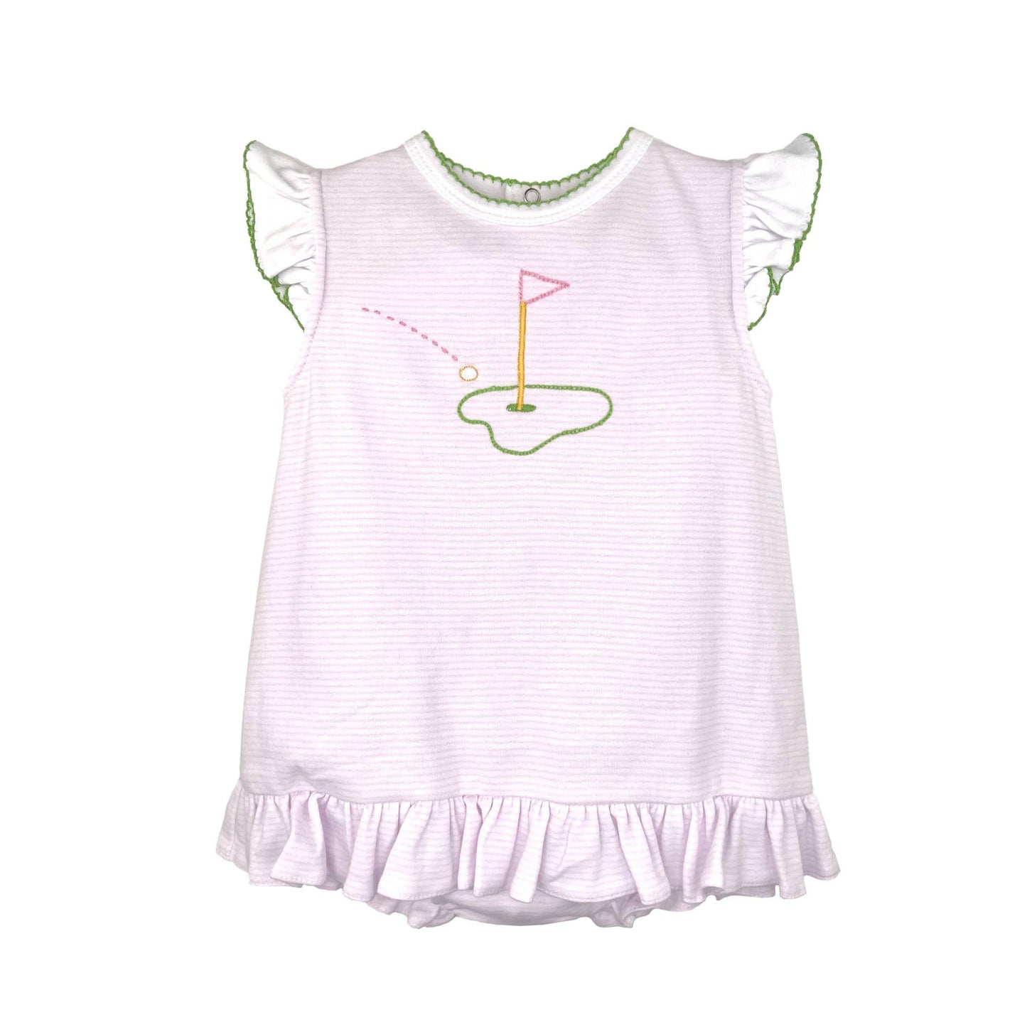 White dress with ruffled sleeves and bottom, featuring a golf course design on a white background.