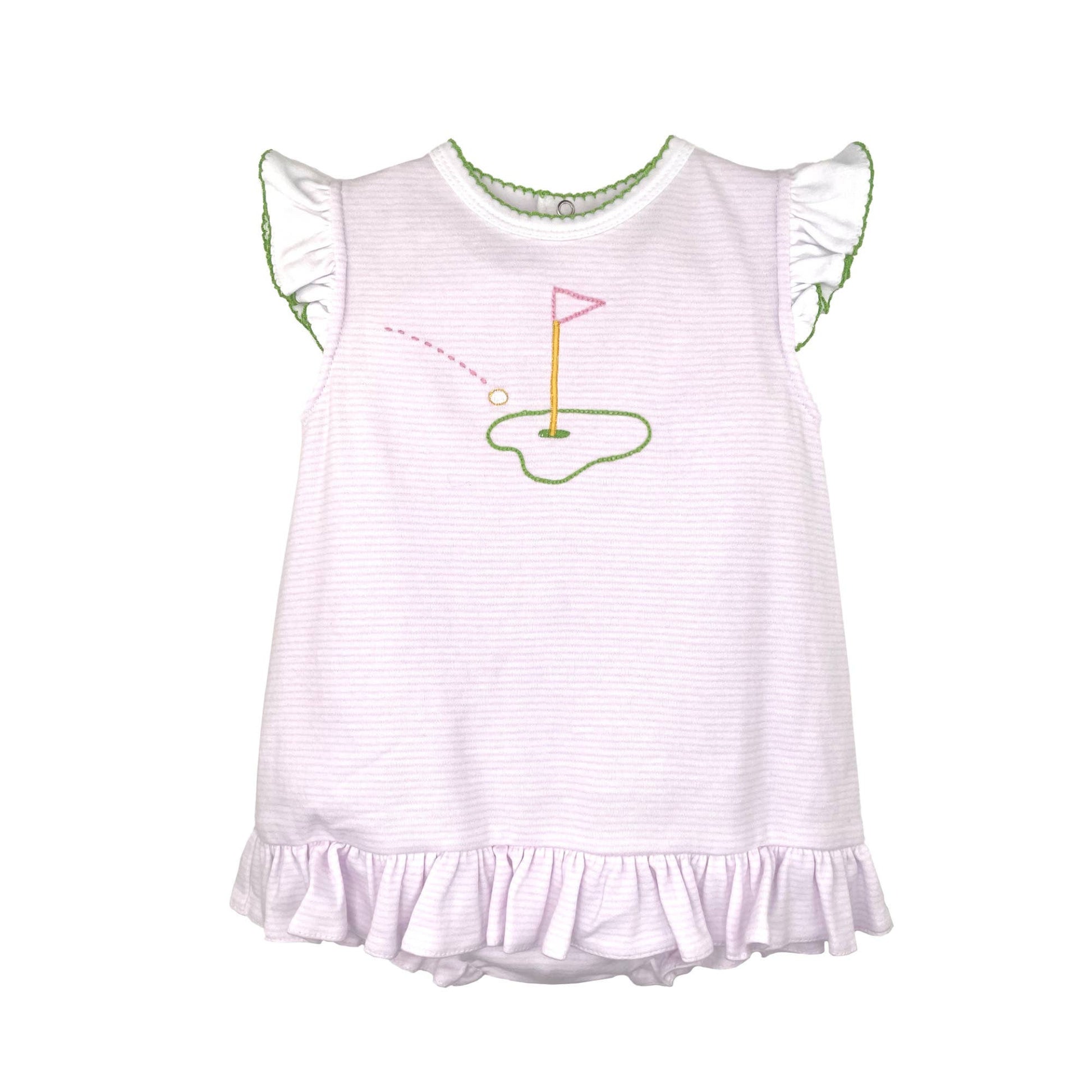 White dress with ruffled sleeves and bottom, featuring a golf course design on a white background.