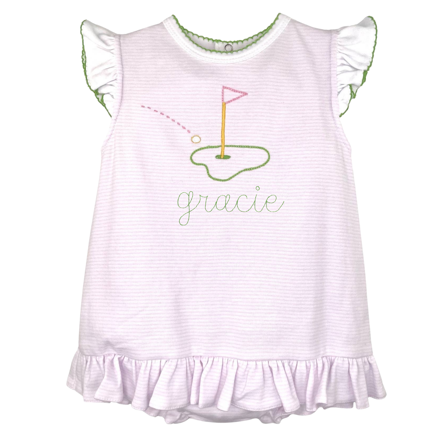 White dress with ruffled sleeves and golf-themed design on a white background