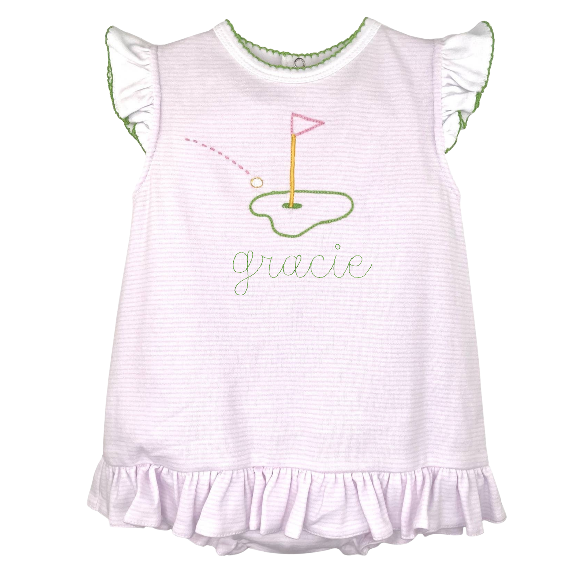 White dress with ruffled sleeves and golf-themed design on a white background