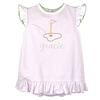 White dress with ruffled sleeves and golf-themed design on a white background