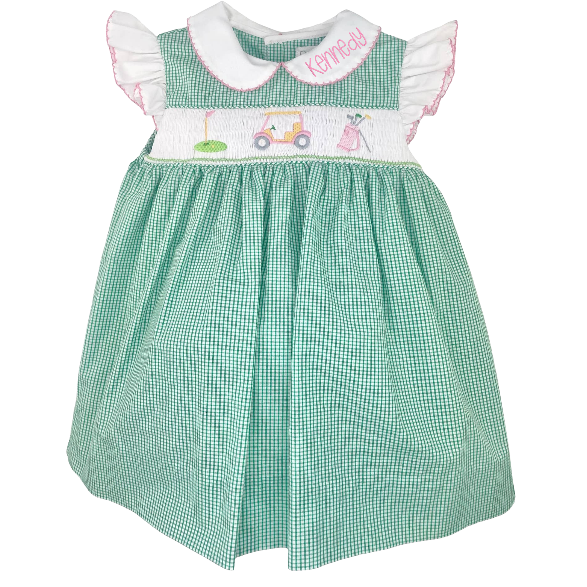 Green checkered dress with embroidered details on a white background